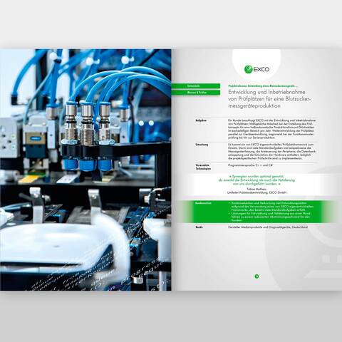 Technische Produktbroschüre mit Referenzprojekten Doppelseite einer technischen Produktbroschüre der Firma EXCO GmbH